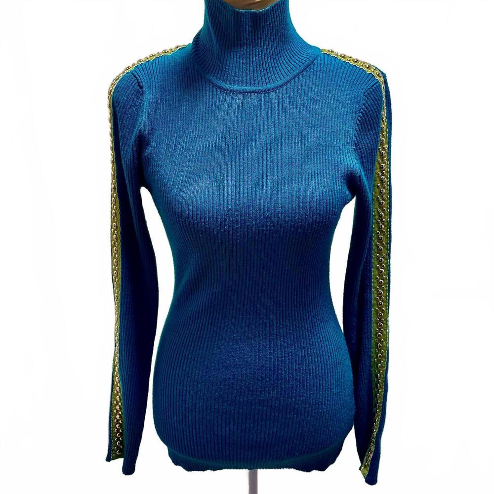 Vintage CACHE Ribbed Knit Studded Velvet Turtleneck Top